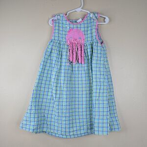 Smocked Blue Plaid Dress with Pink Octopus